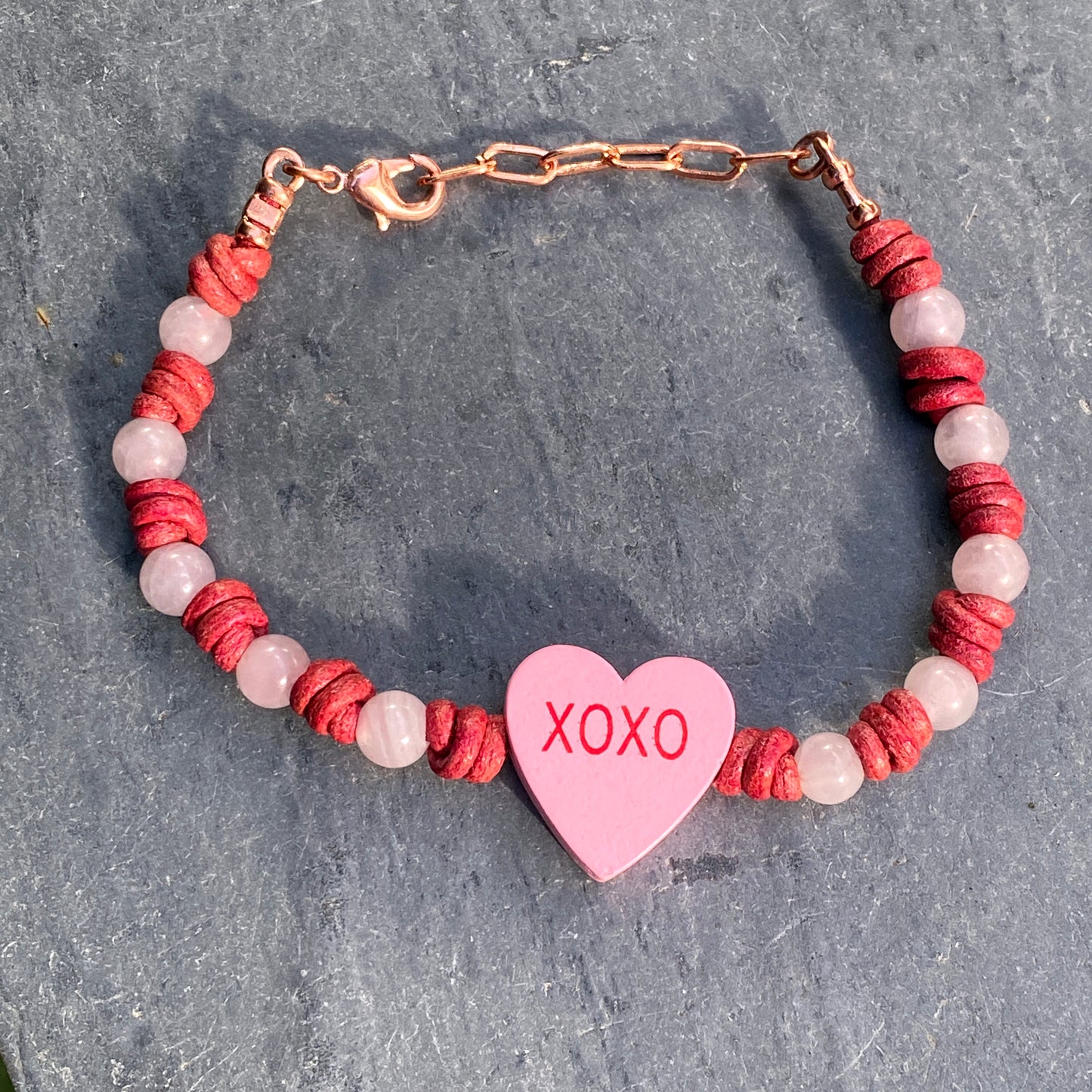 Rose Quartz Sweetheart Bracelet “XOXO”