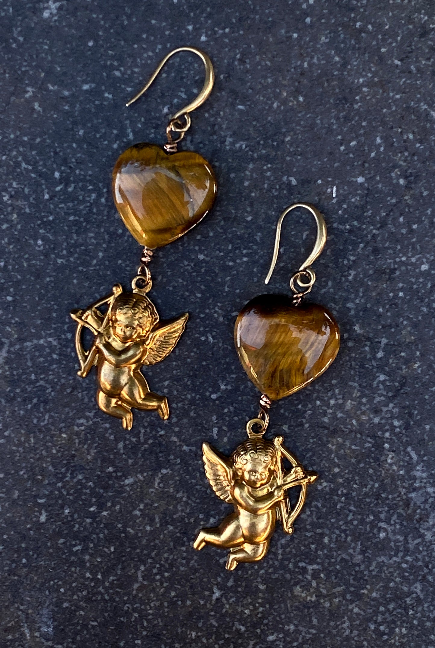 Cupid with Tiger Eye Hearts Earrings