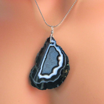 Black Banded Agate gemstone slice on Vintage Silver Chain