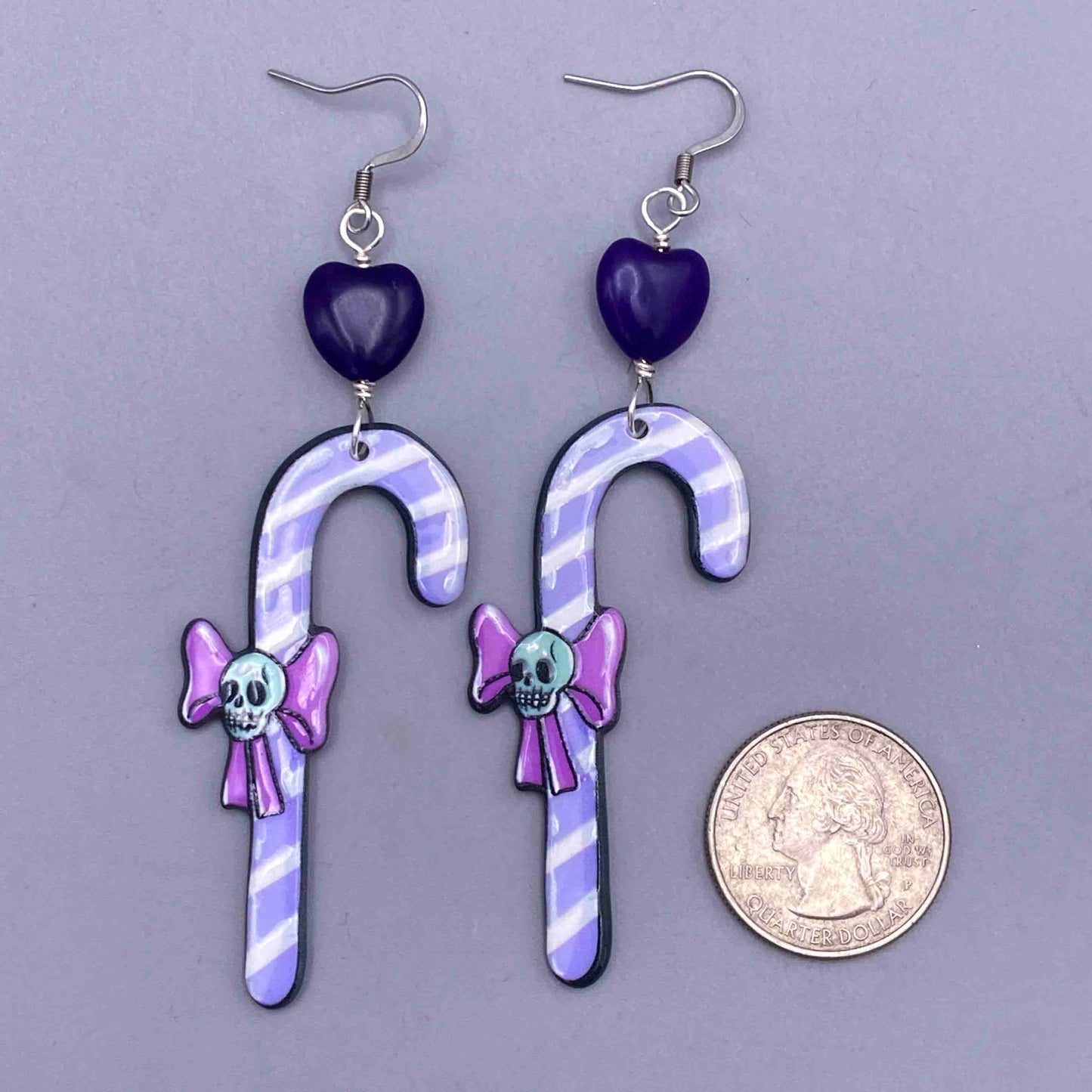 Amethyst heart and Candy dangle cane earrings