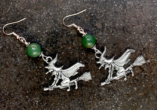 Halloween Witch and Green Aventurine Dangle Earrings