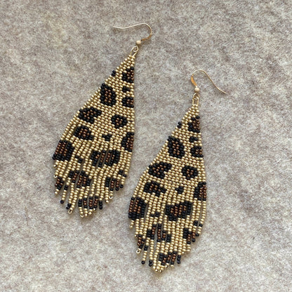 Leopard Print Seed Glass Bead fringe Earrings