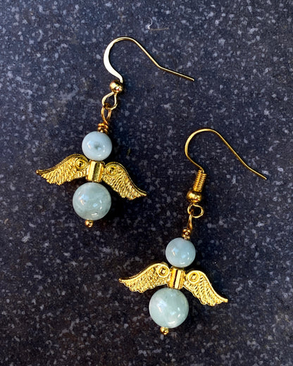 Green Moonstone Angel Dangle Earrings