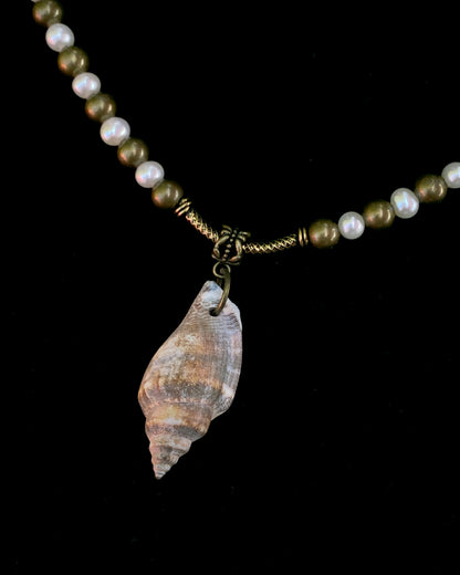 Pearl and Brass with Shell Pendant Necklace