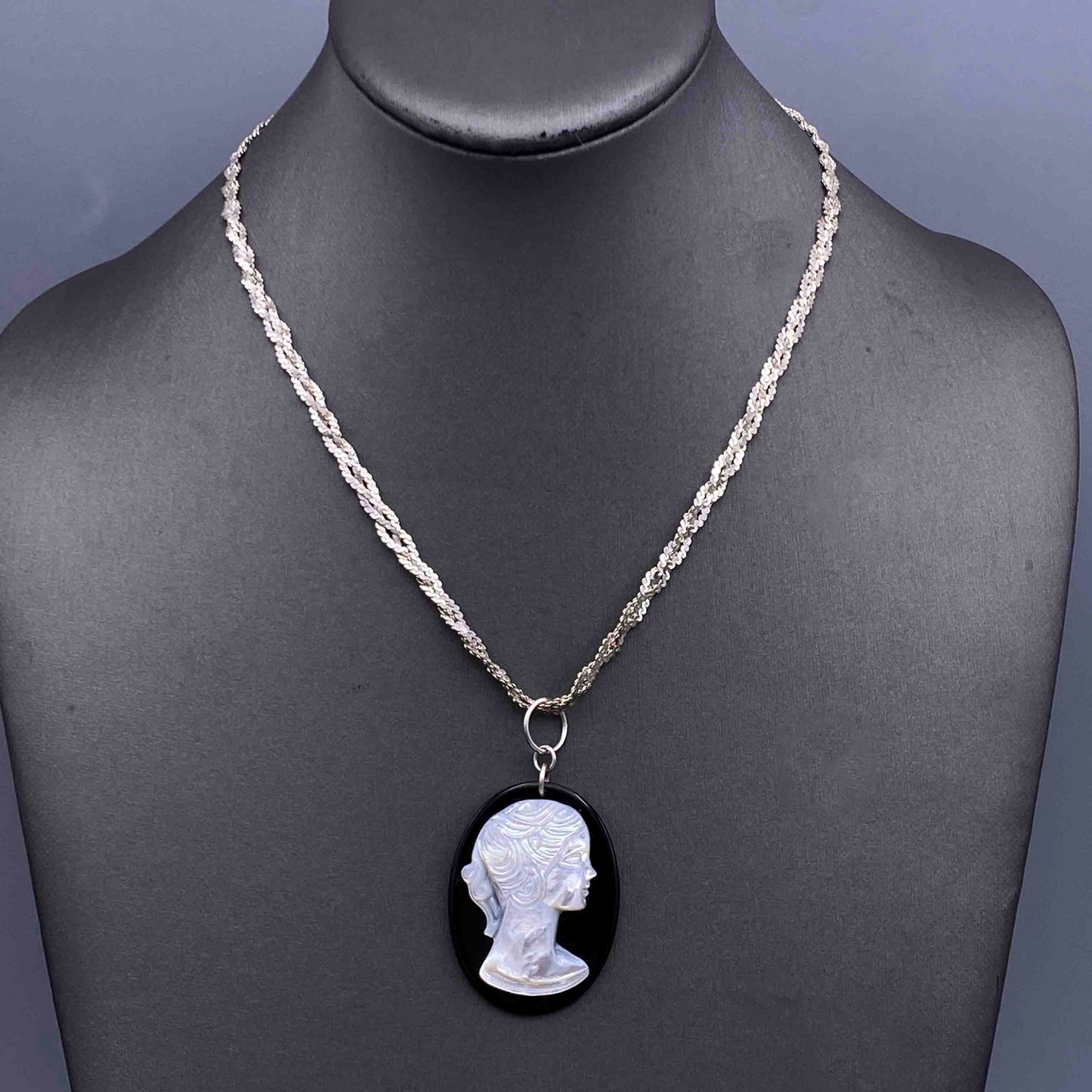 Onyx and Mother of Pearl Cameo on Repurposed Vintage Silver Chain