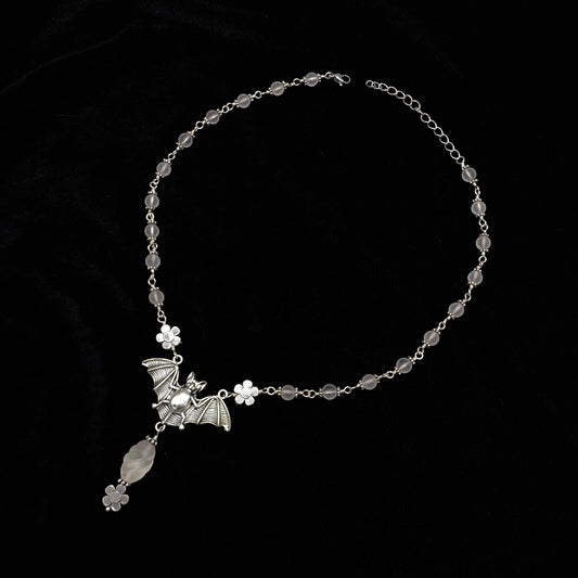 Clear Quartz gemstone crystals bat pendant Halloween Necklace