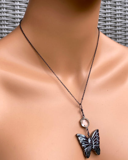 Hematite Butterfly and Quartz gemstone on sterling silver chain necklace