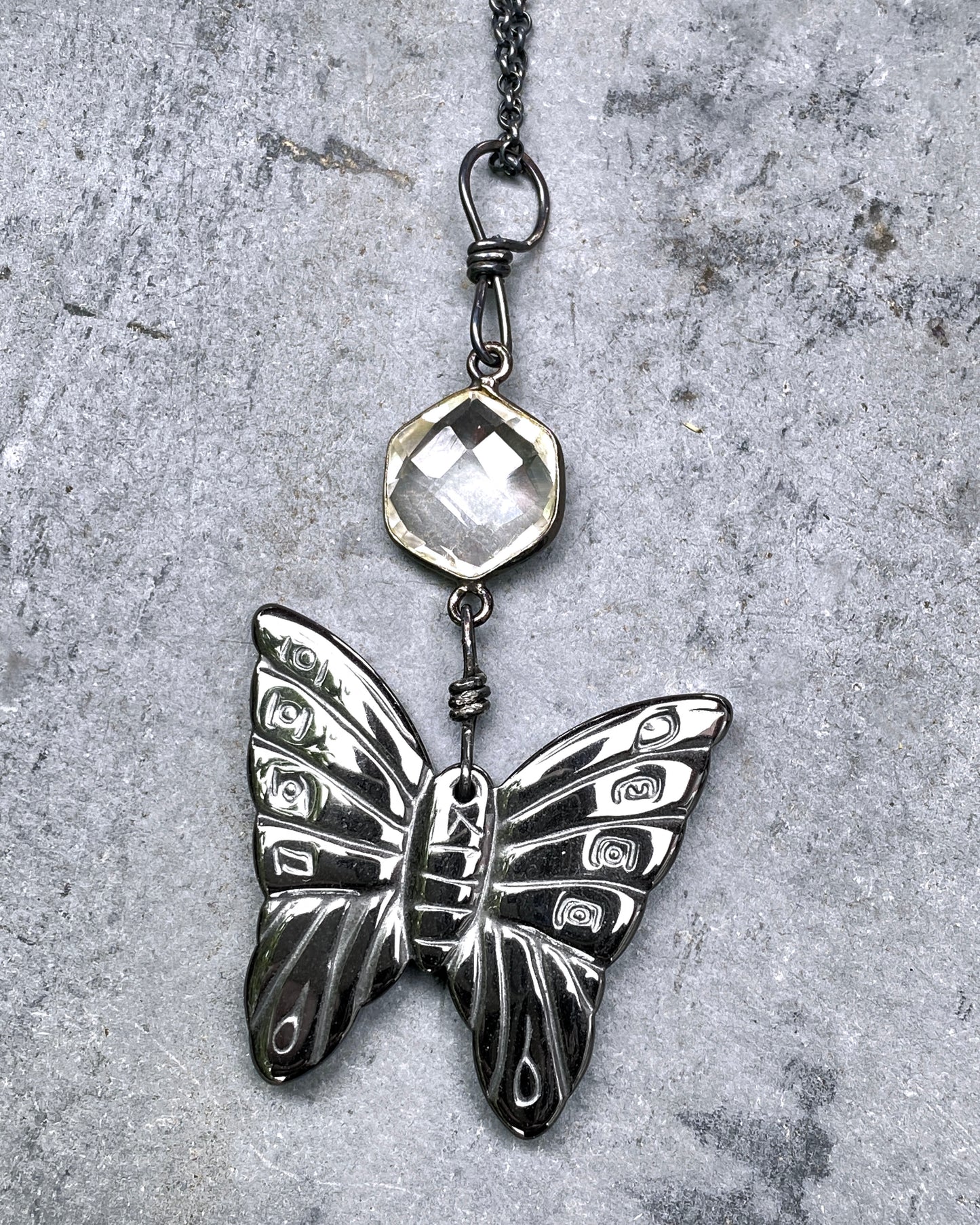 Hematite Butterfly and Quartz necklace