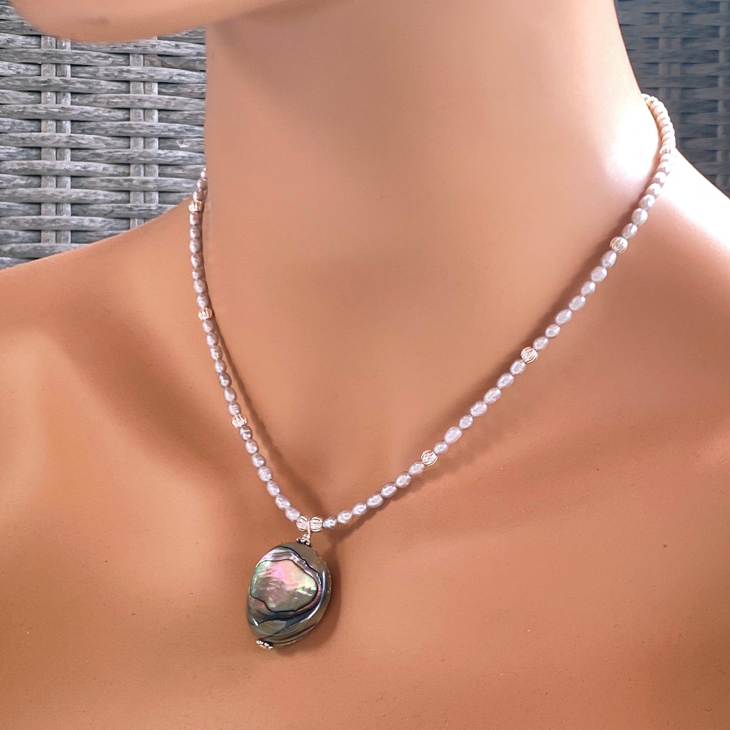 Abalone pendant on Pearl beaded Necklace