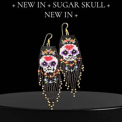 Glass Beaded Sugar Skull Fringe earrings