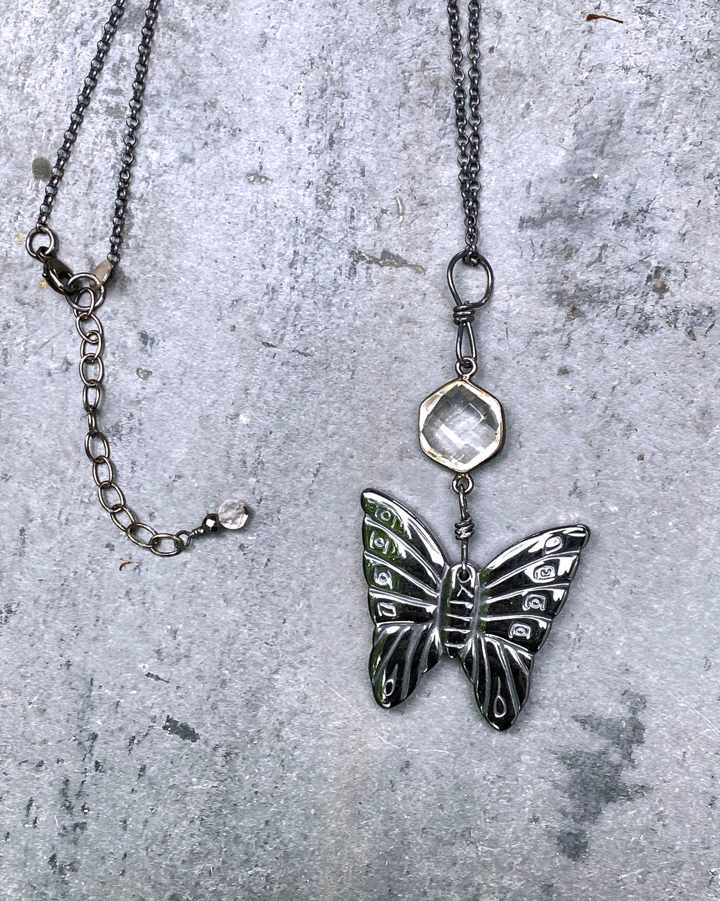 Hematite Butterfly and Quartz necklace