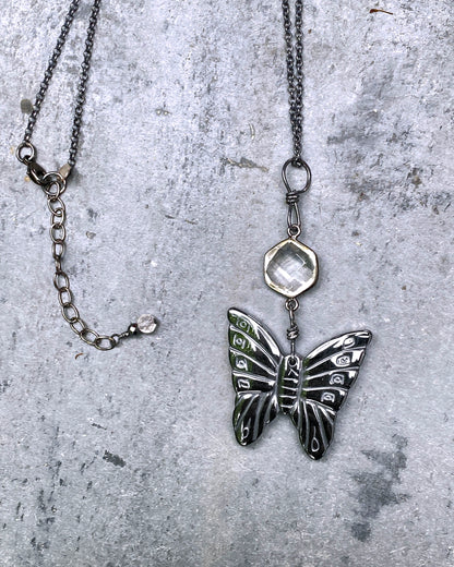 Hematite Butterfly and Quartz gemstone on sterling silver chain necklace