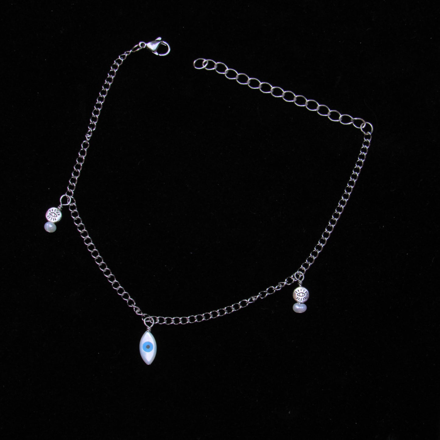 Evil Eye pearl and steel chain Anklet