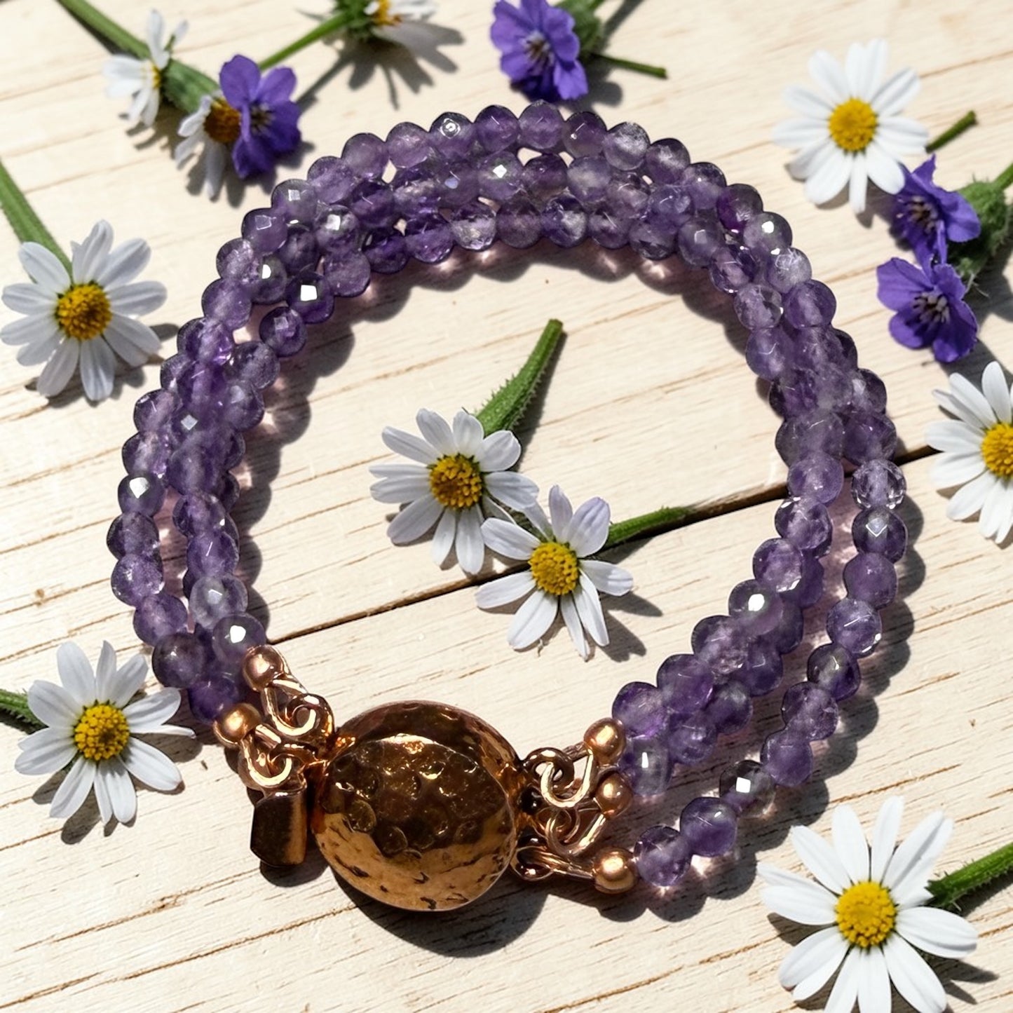 Amethyst Three Strand and Copper Bracelet
