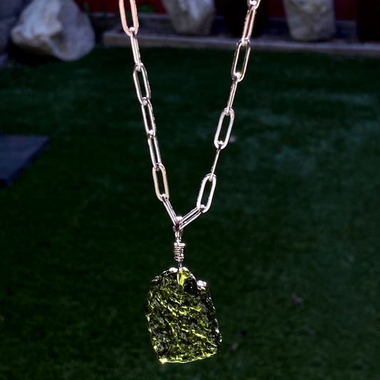 Moldavite Pendant on stainless steel chain necklace.