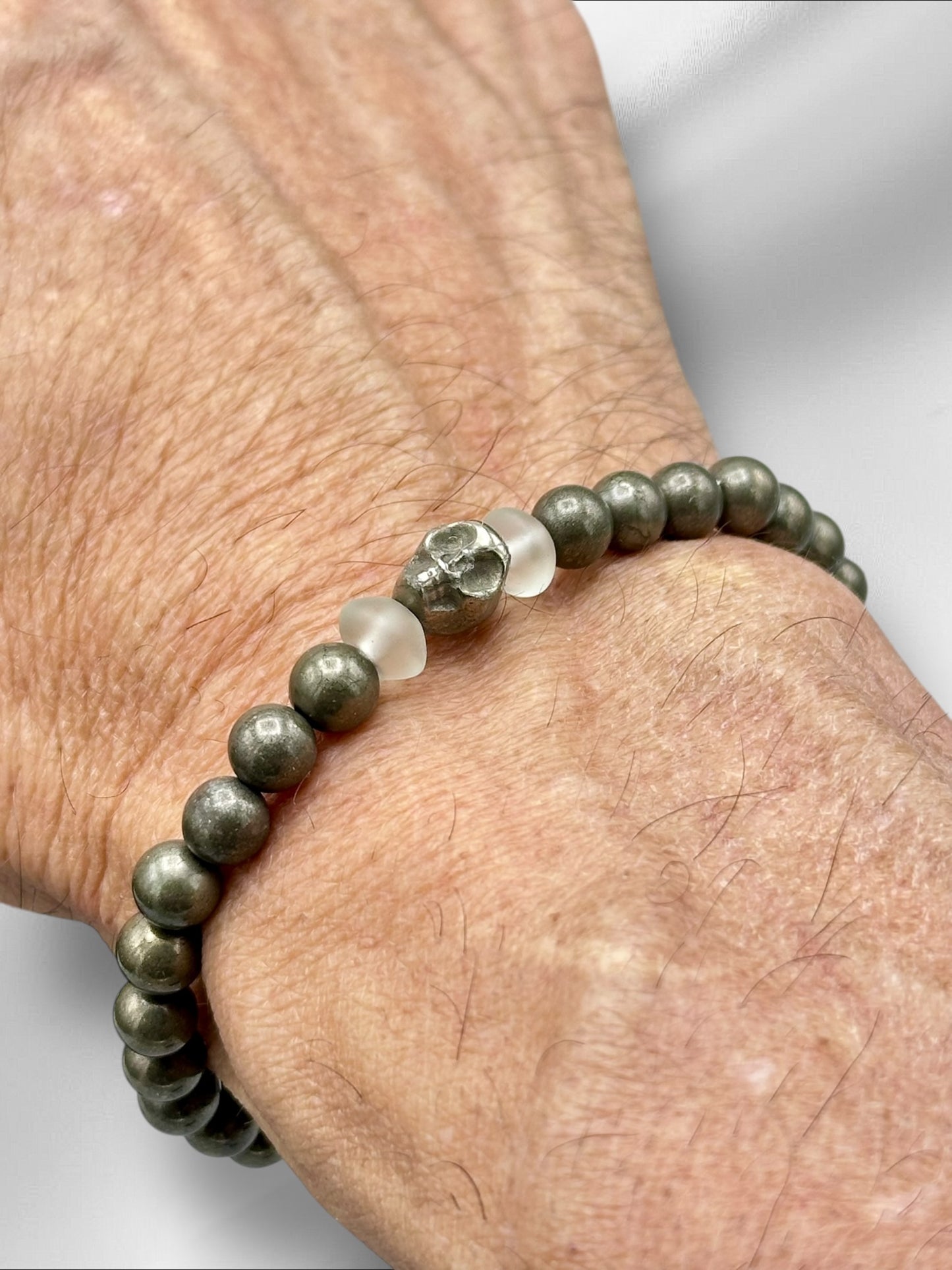 Pyrite Skull and Quartz Beaded Bracelet