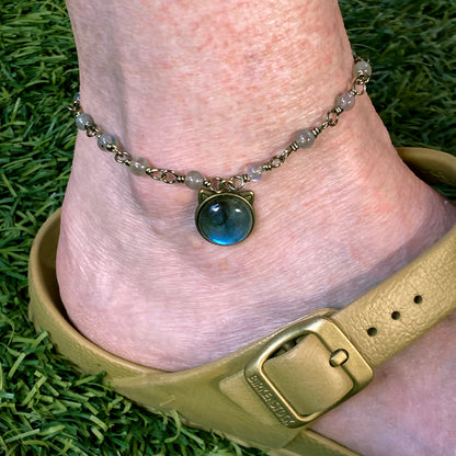Labradorite Kitty brass chain Anklet