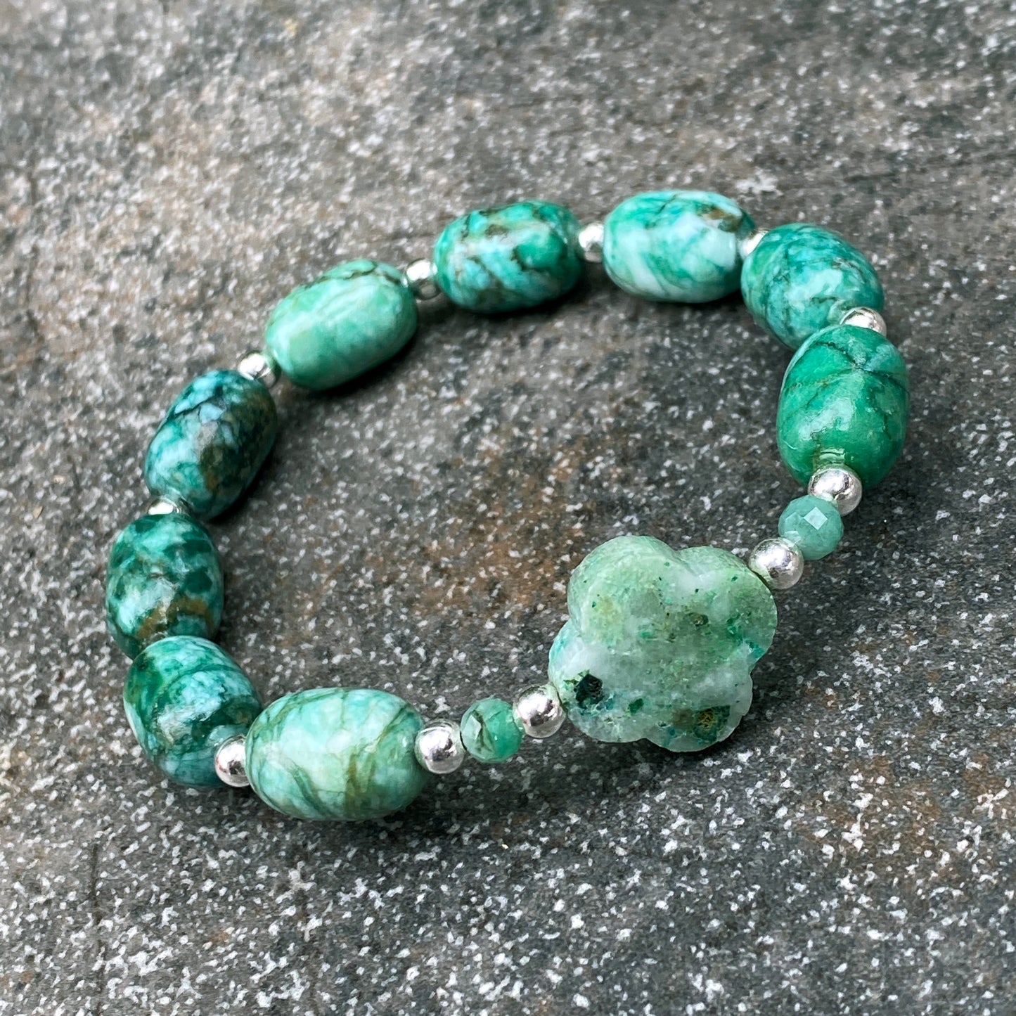 Chrysocolla Clover and Emerald gemstone Beaded Stretch Bracelet