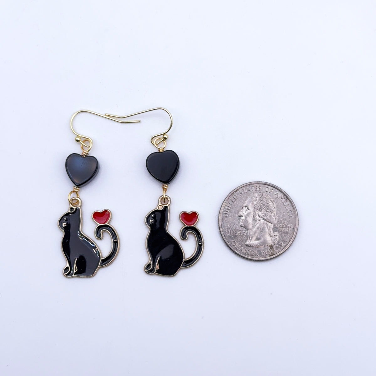 Black Cat and Onyx Gemstone Heart Earrings