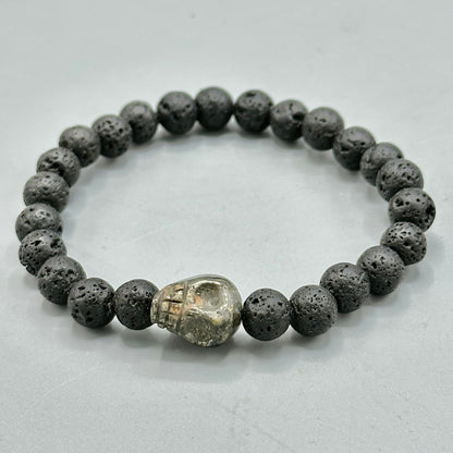 Pyrite gemstone Skull and Lava Stone Bracelet