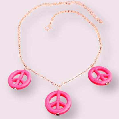 Pink Howlite Peace Sign Copper Necklace