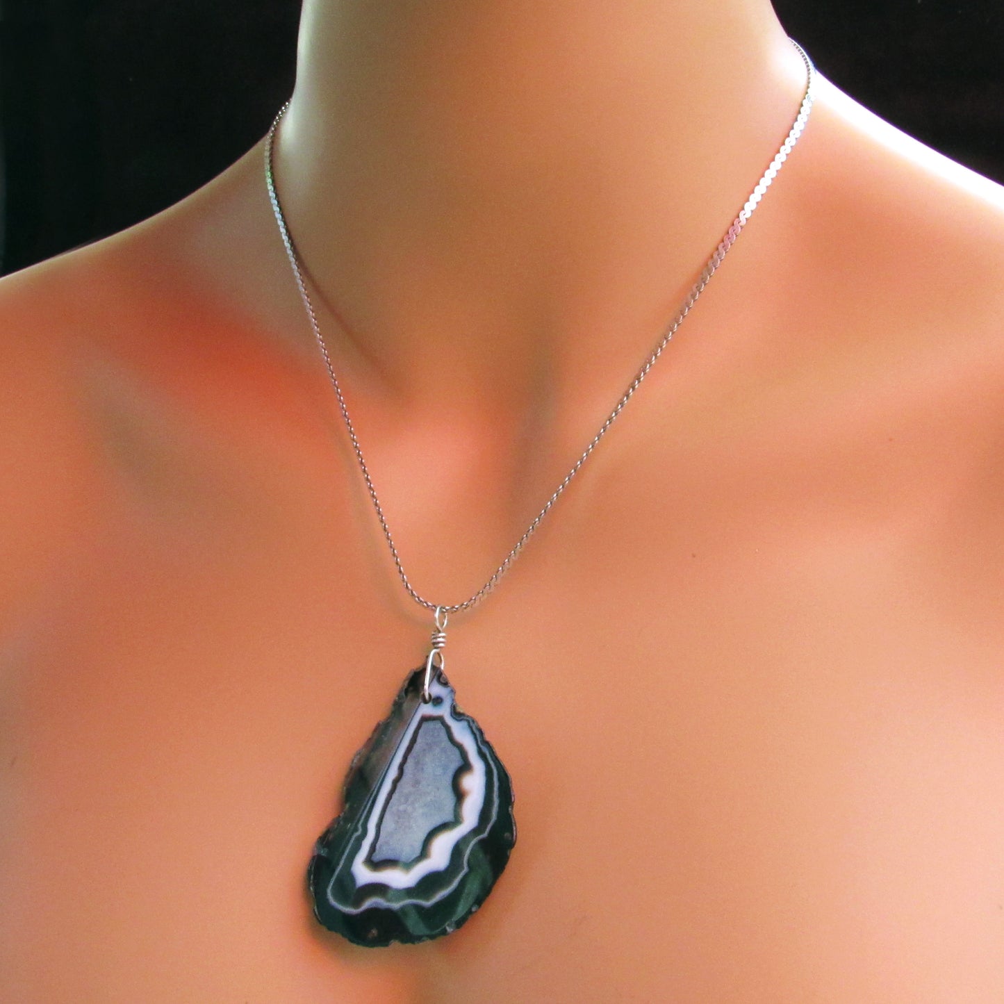 Black Banded Agate gemstone slice on Vintage Silver Chain