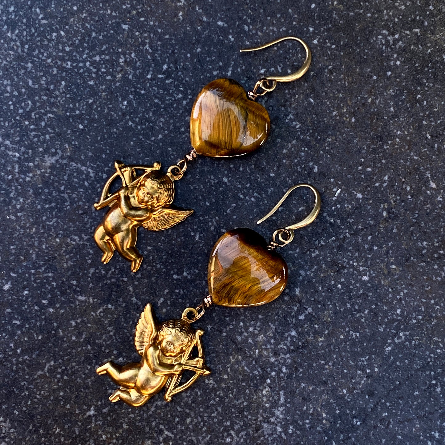 Cupid with Tiger Eye Hearts Earrings