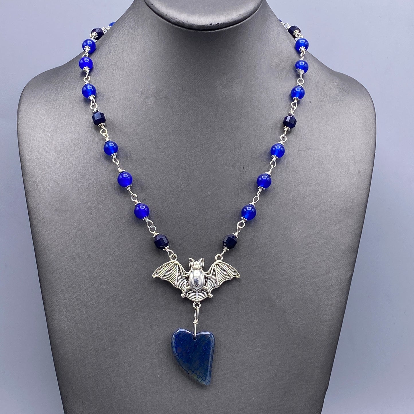 Blue Agate gemstone crystals bat pendant Halloween Necklace