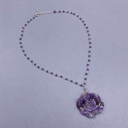 Amethyst Rose Pendant on Beaded Chain