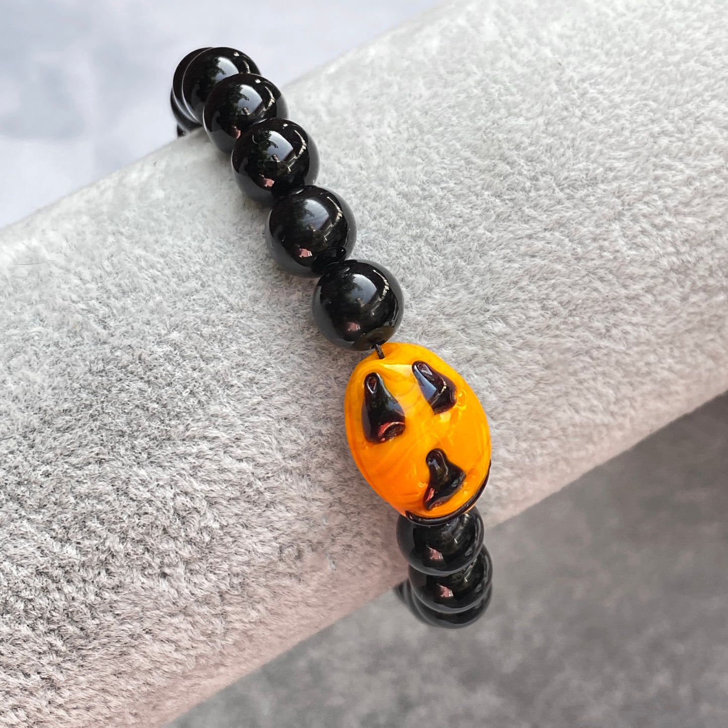 Pumpkin and Onyx gemstone Stretch Bracelet