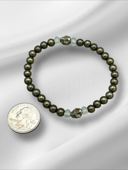 Pyrite Skull and Quartz Beaded Bracelet