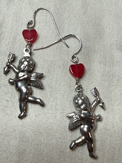 Cupid and Red Jade Heart Earrings