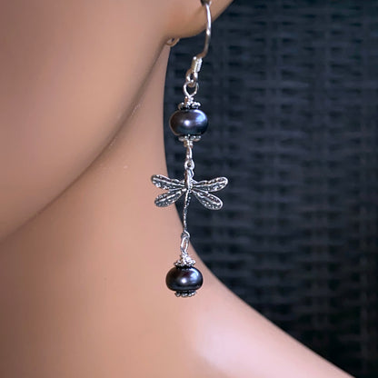 Dragonfly and Pearl Dangle earrings