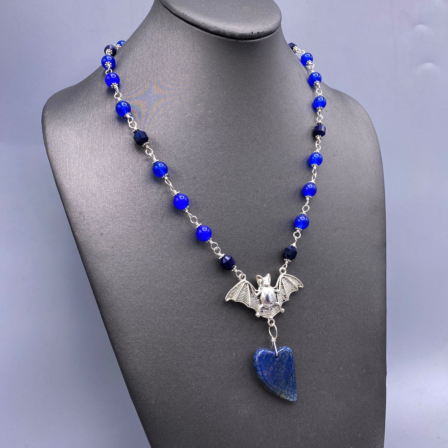 Blue Agate gemstone crystals bat pendant Halloween Necklace