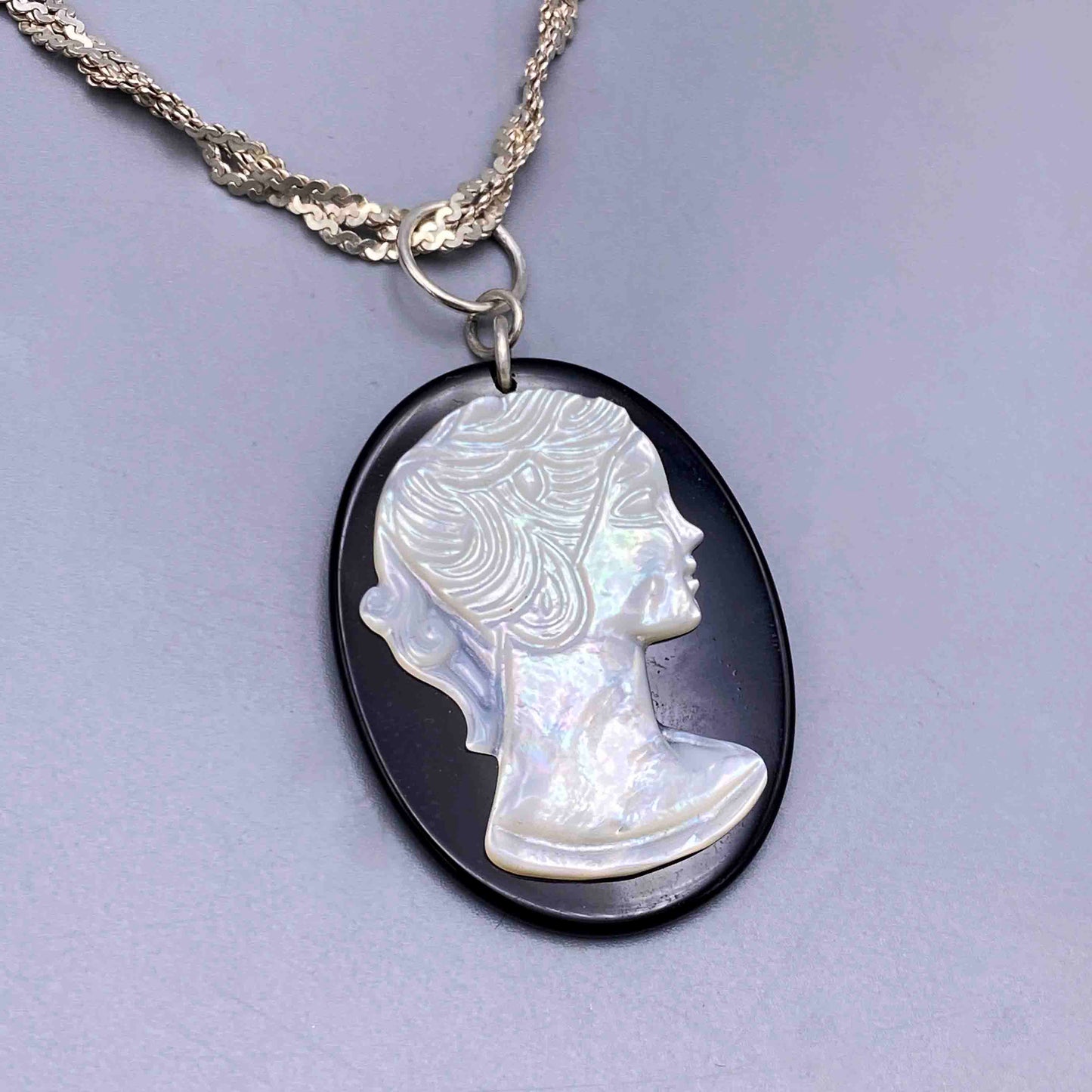 Onyx and Mother of Pearl Cameo on Repurposed Vintage Silver Chain