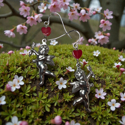 Cupid and Red Jade Heart Earrings
