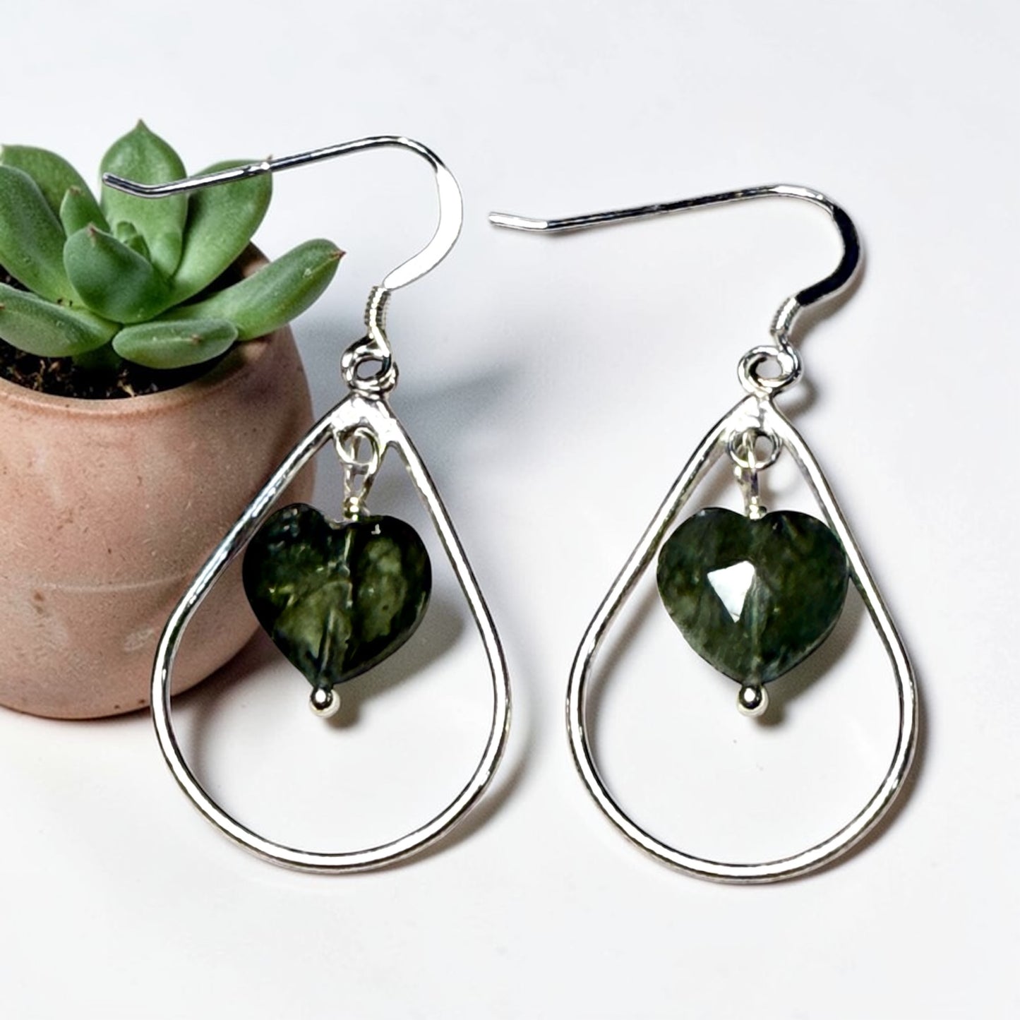 Green Aquamarine Heart Dangle Earrings