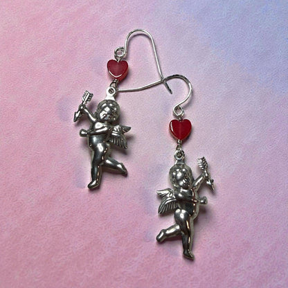 Cupid and Red Jade Heart Earrings