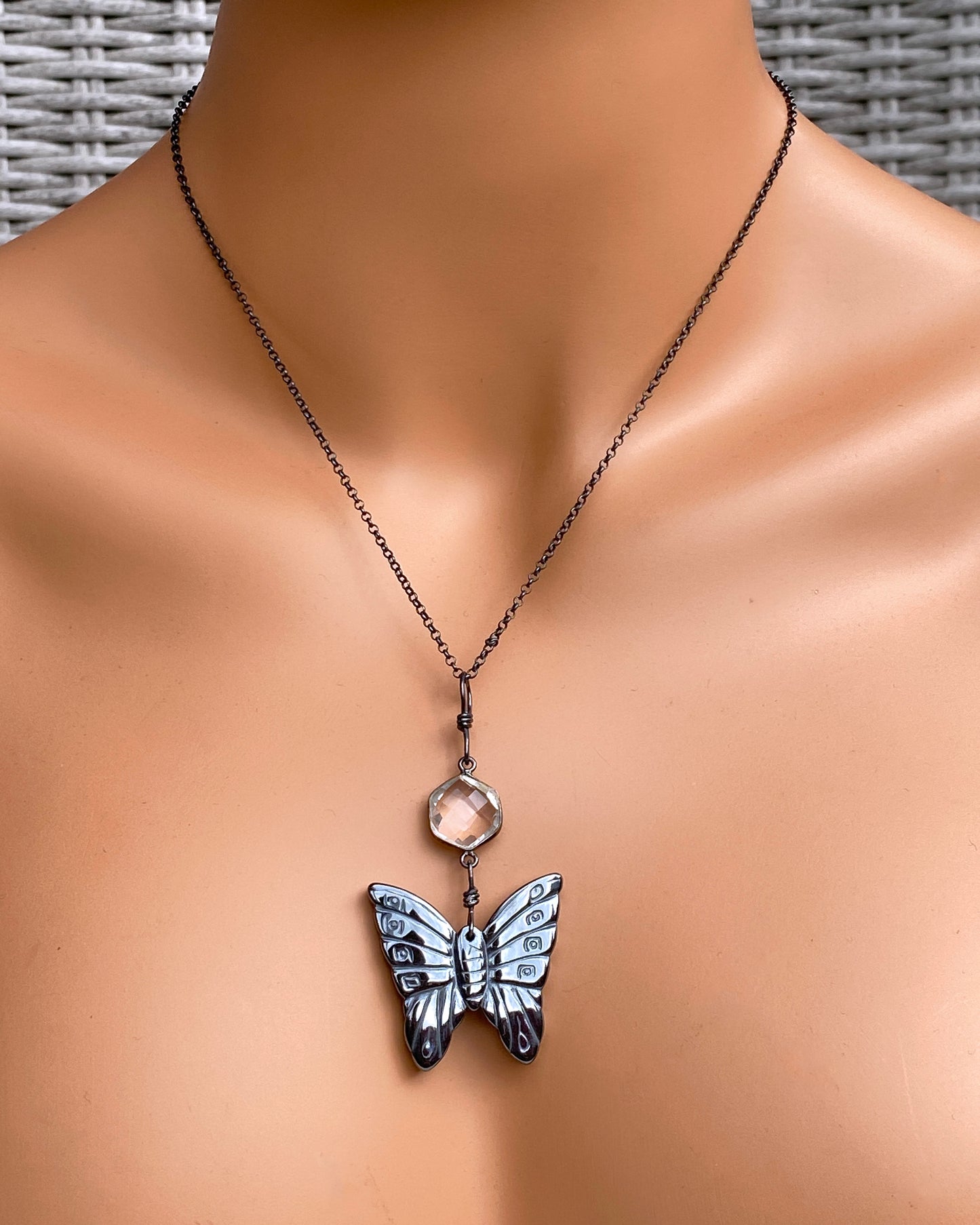 Hematite Butterfly and Quartz gemstone on sterling silver chain necklace