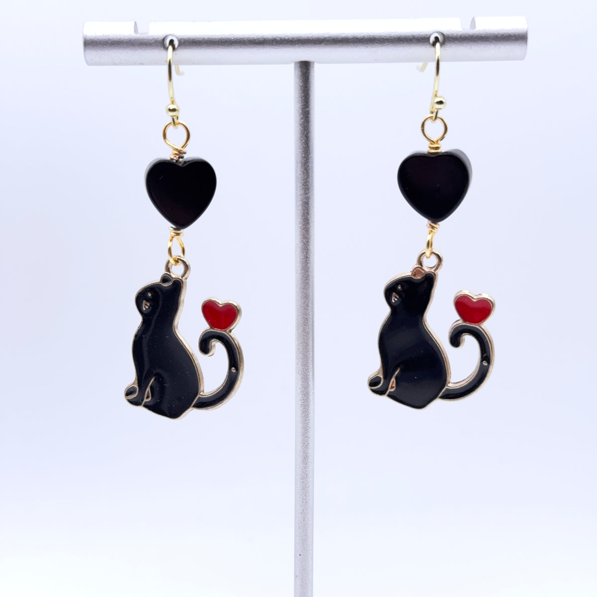 Black Cat and Onyx Gemstone Heart Earrings