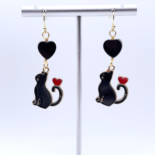 Black Cat and Onyx Gemstone Heart Earrings