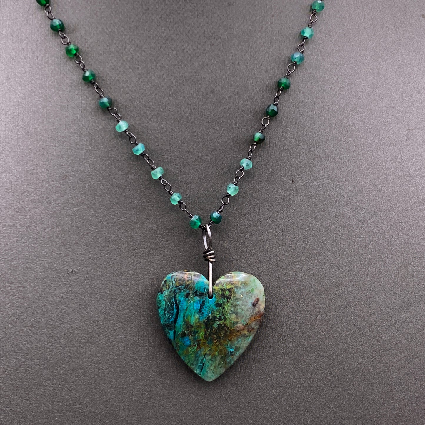 Chrysocolla Heart on Sterling Silver wrapped Green Onyx