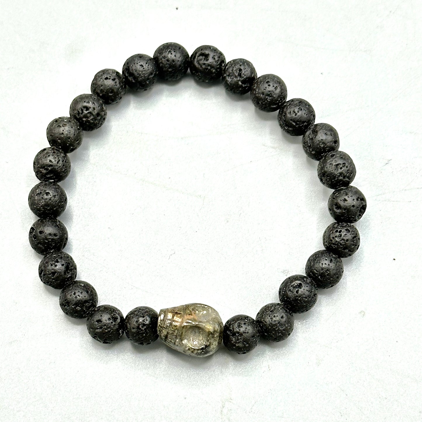 Pyrite gemstone Skull and Lava Stone Bracelet