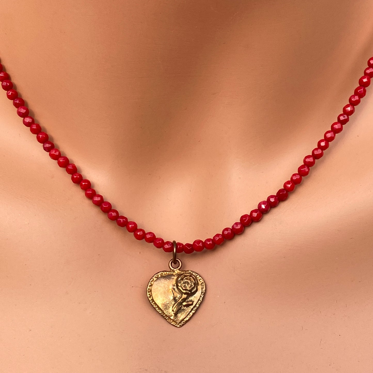 Coral Beaded Heart Necklace