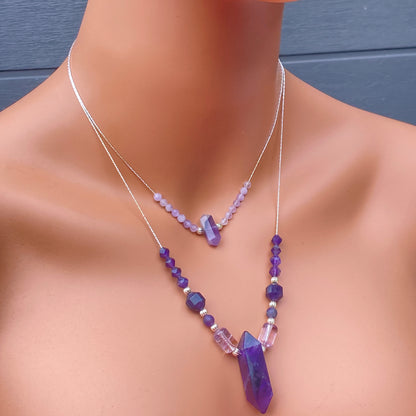 Amazing Layered Amethyst gemstone Necklace with sterling silver.