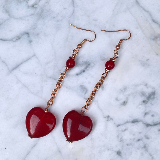 Red Jade Heart and Copper Dangle Earrings
