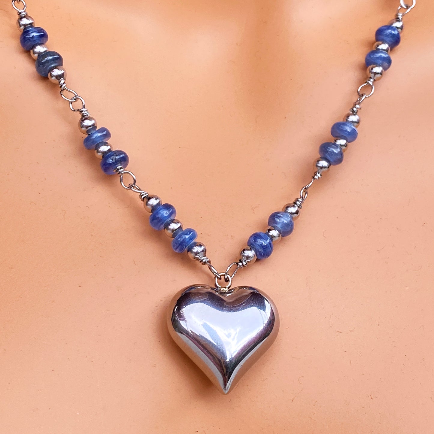 Kyanite And Stainless Steel Heart Necklace