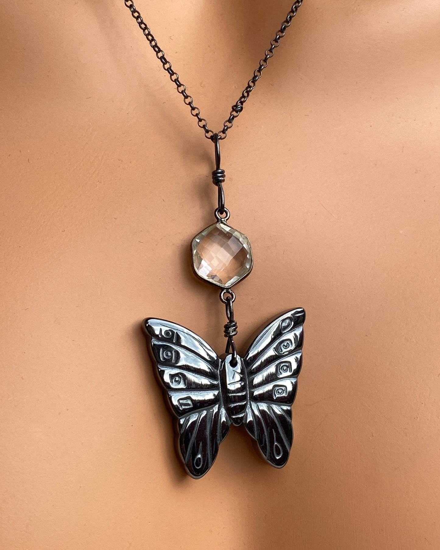 Hematite Butterfly and Quartz necklace