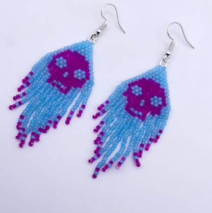 Glass Beaded skull fringe earrings
