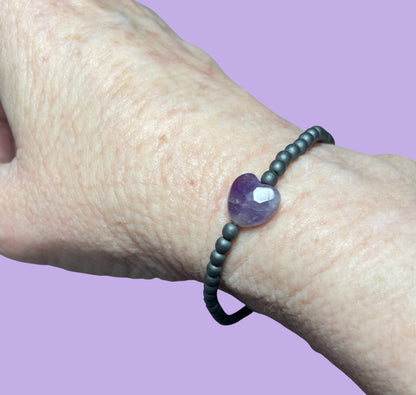 Dainty Amethyst Heart and Hematite Bracelet